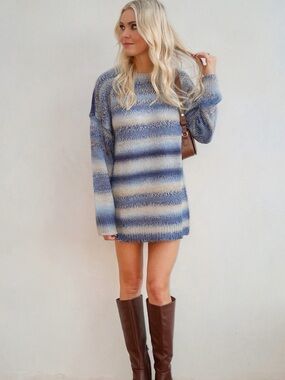 Show Me Your MuMu Blue and Cream Striped Knit Sweater Dress